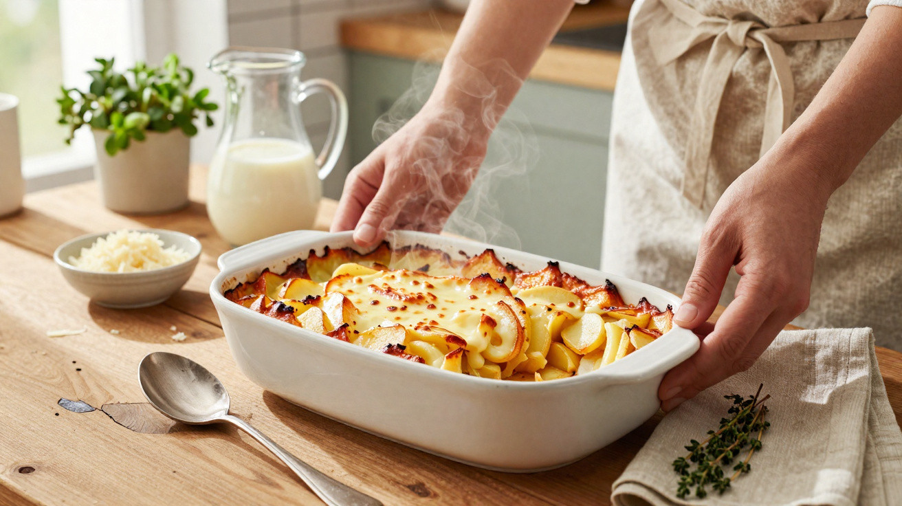 Pessoa segurando travessa branca com batatas gratinadas e queijo derretido, mesa de madeira com jarra de leite e temperos.