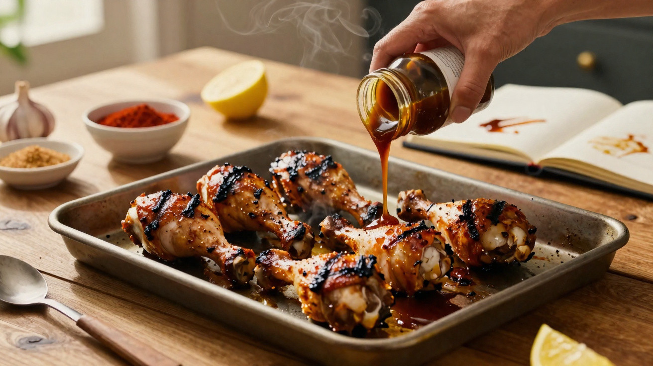Coxa de frango grelhada em assadeira com molho sendo despejado, ao redor limão e temperos.