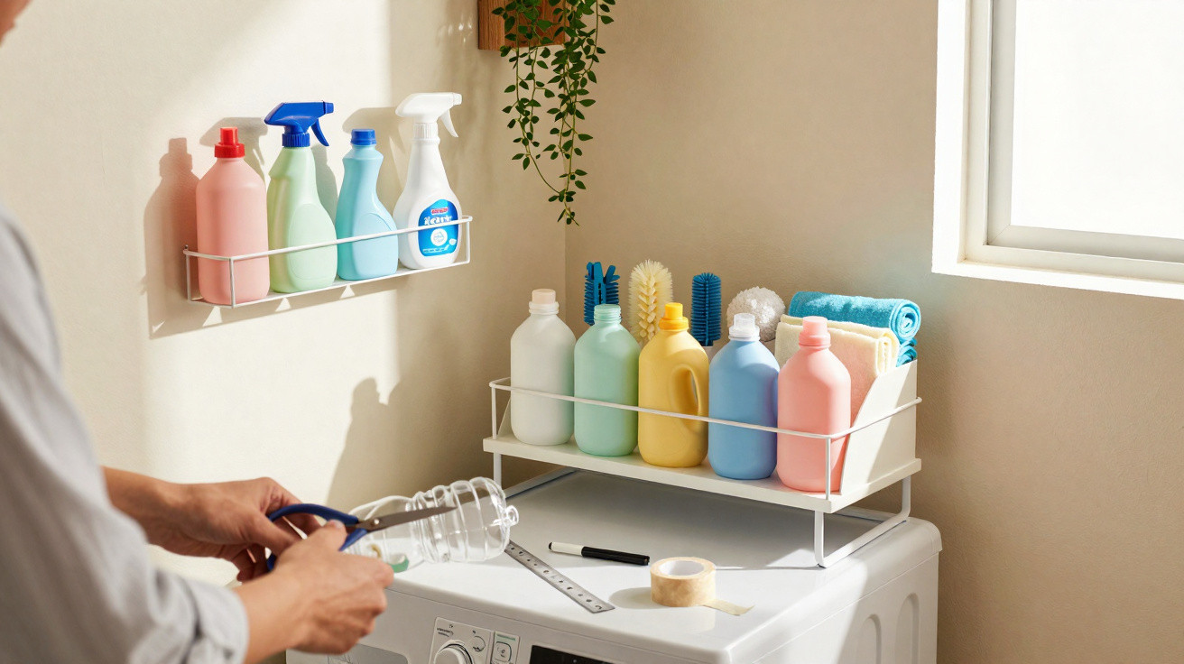 Mãos segurando garrafa plástica vazia perto de máquina de lavar com organizadores e produtos de limpeza coloridos.