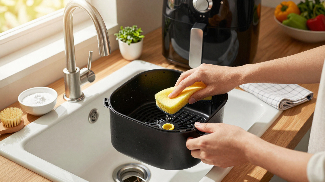 Pessoa lavando cesta de fritadeira elétrica com esponja amarela na pia da cozinha.