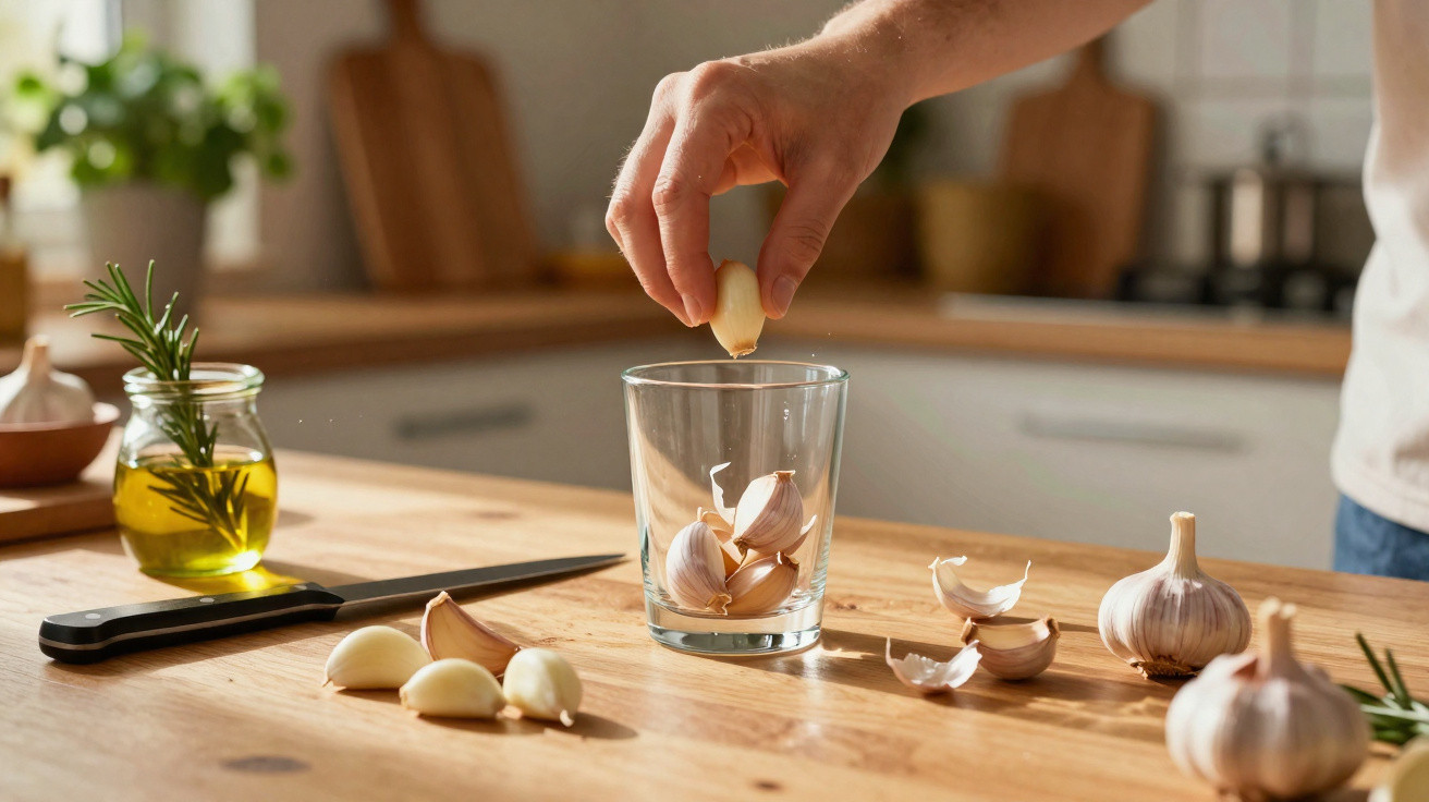 Pessoa colocando dentes de alho em copo na cozinha com óleo e faca ao fundo.