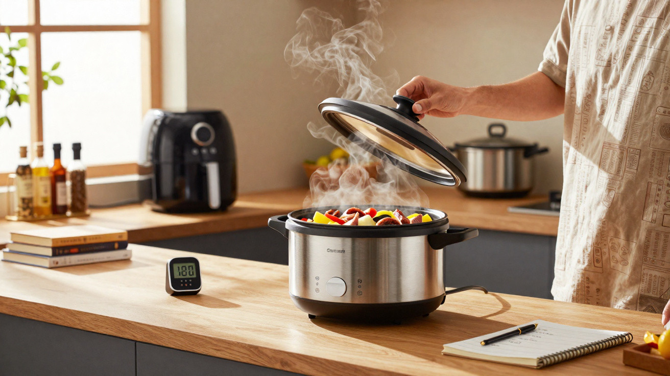 Pessoa abrindo tampa de panela elétrica com comida quente e vapor em bancada de cozinha moderna.