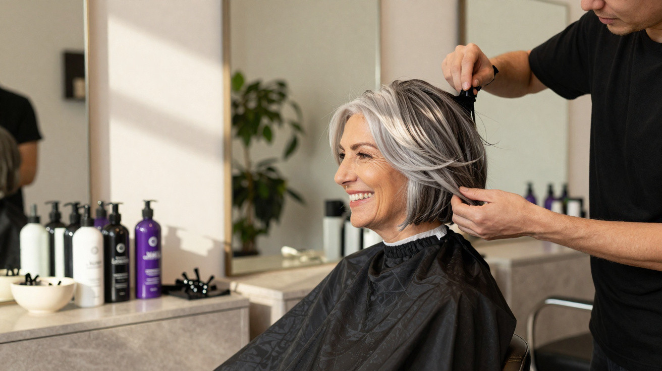 Mulher madura sorrindo enquanto hairstylist penteia seu cabelo grisalho em salão moderno.