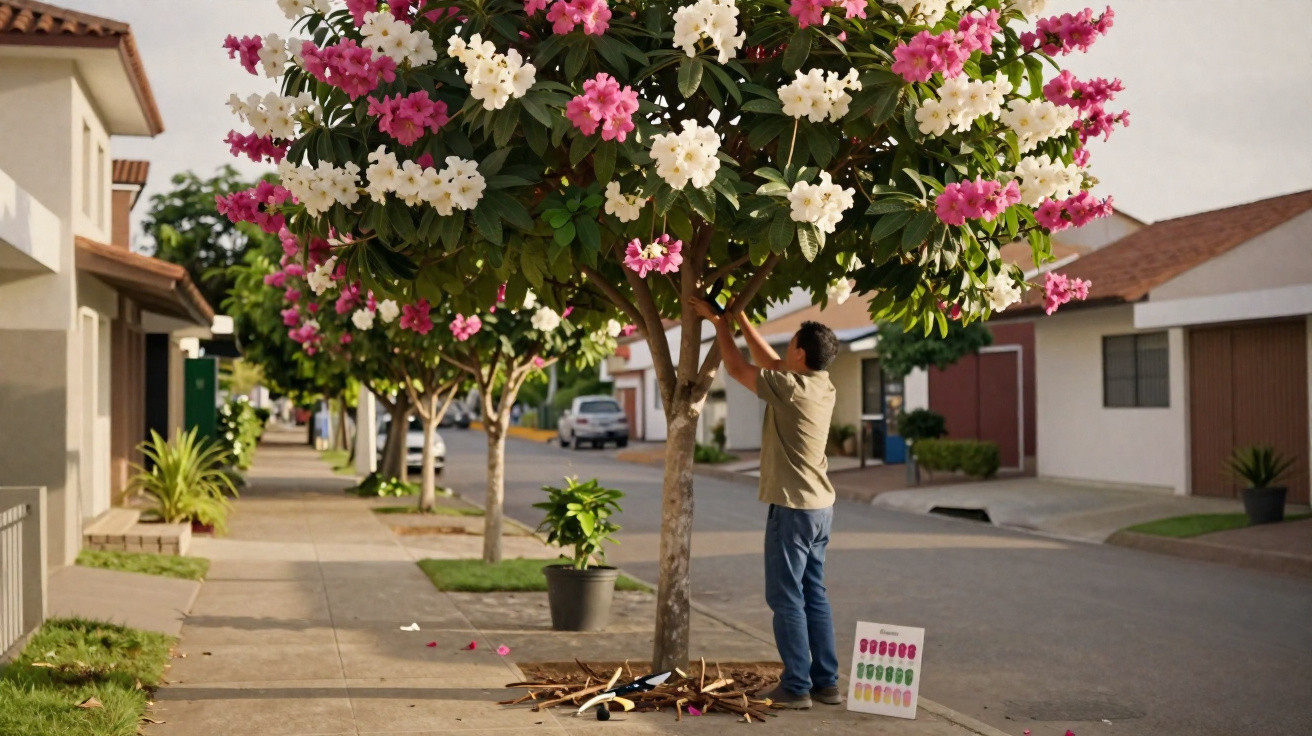 Homem ajusta flores rosa e brancas em árvore na calçada de rua residencial ensolarada.