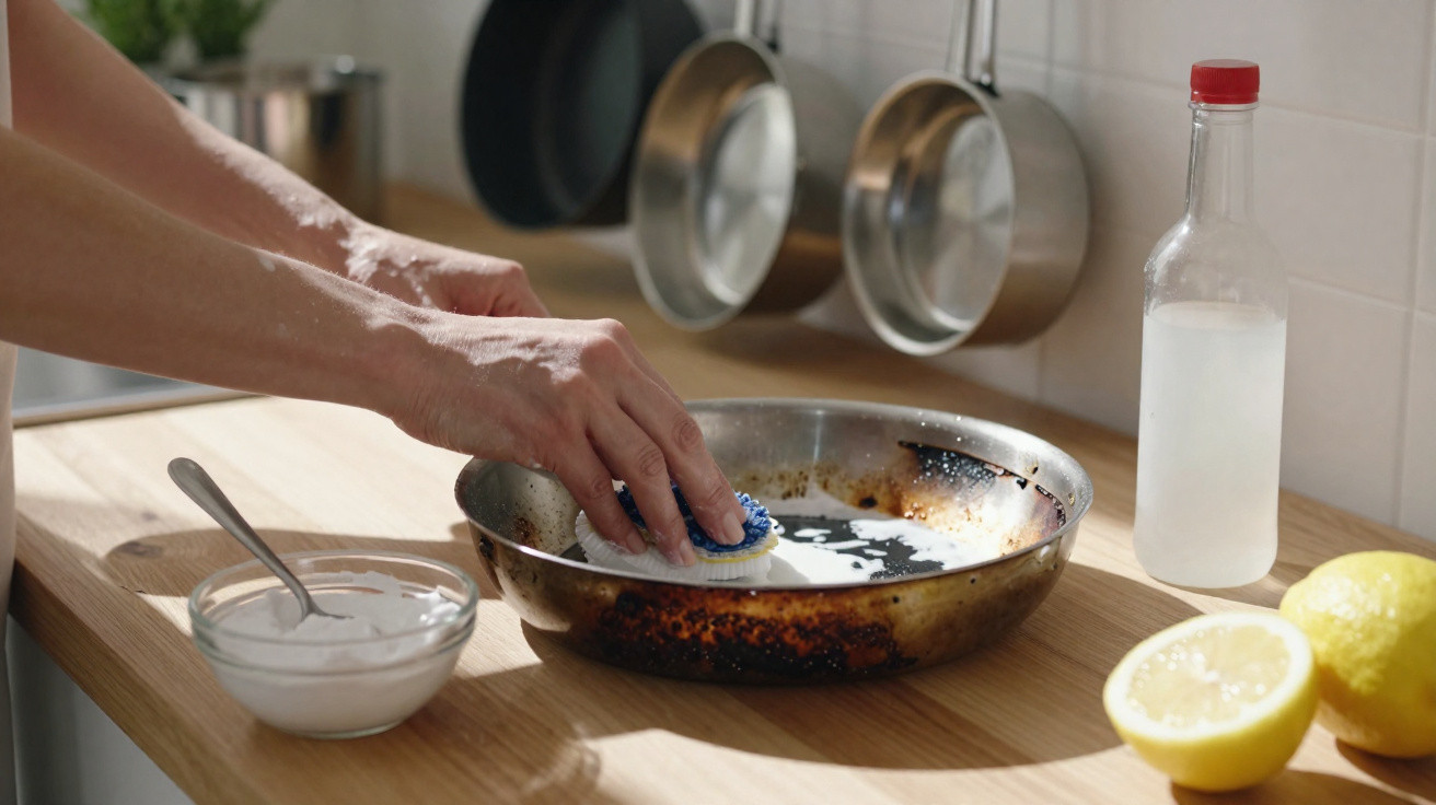 Mãos esfregando panela queimada com detergente e esponja em bancada de cozinha com limão, bicarbonato e vinagre.