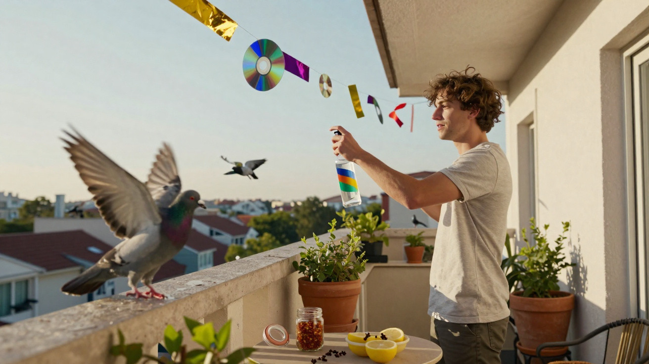 Homem em sacada borrifando líquido para afastar pombos com objetos pendurados coloridos.