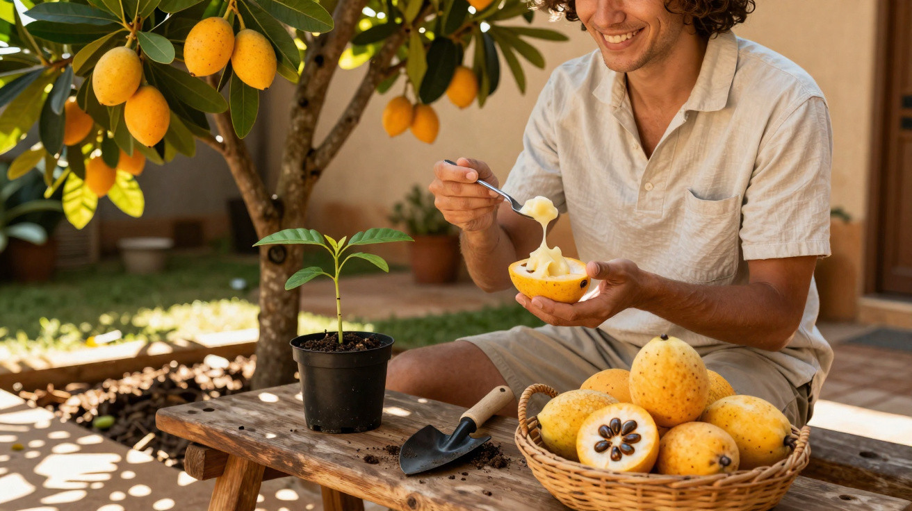 Homem sentado comendo fruta madura amarela colhida de árvore em jardim ensolarado.