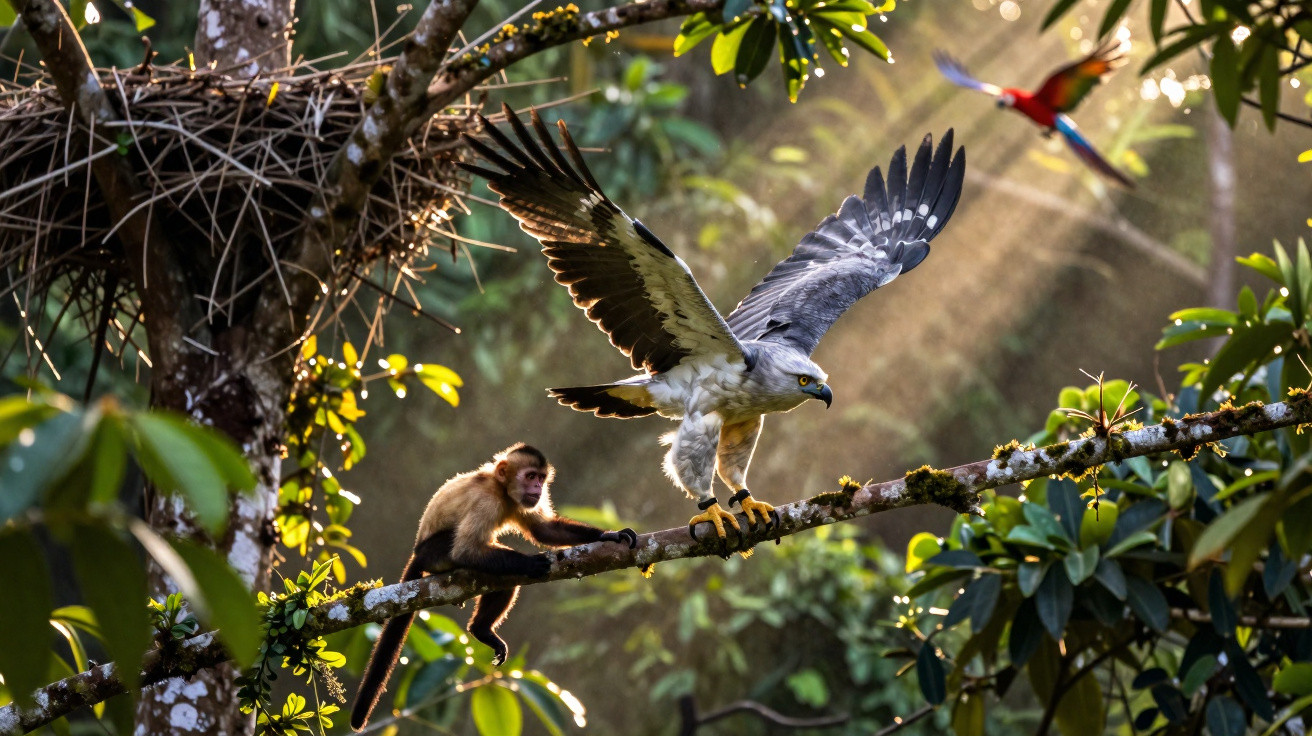 Macaco e águia em galho na floresta sob luz do sol, com arara ao fundo voando.