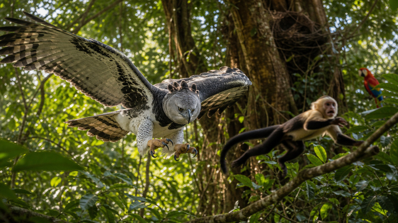 Gavião-real voando em floresta atrás de macaco que está fugindo e papagaio vermelho em galho.