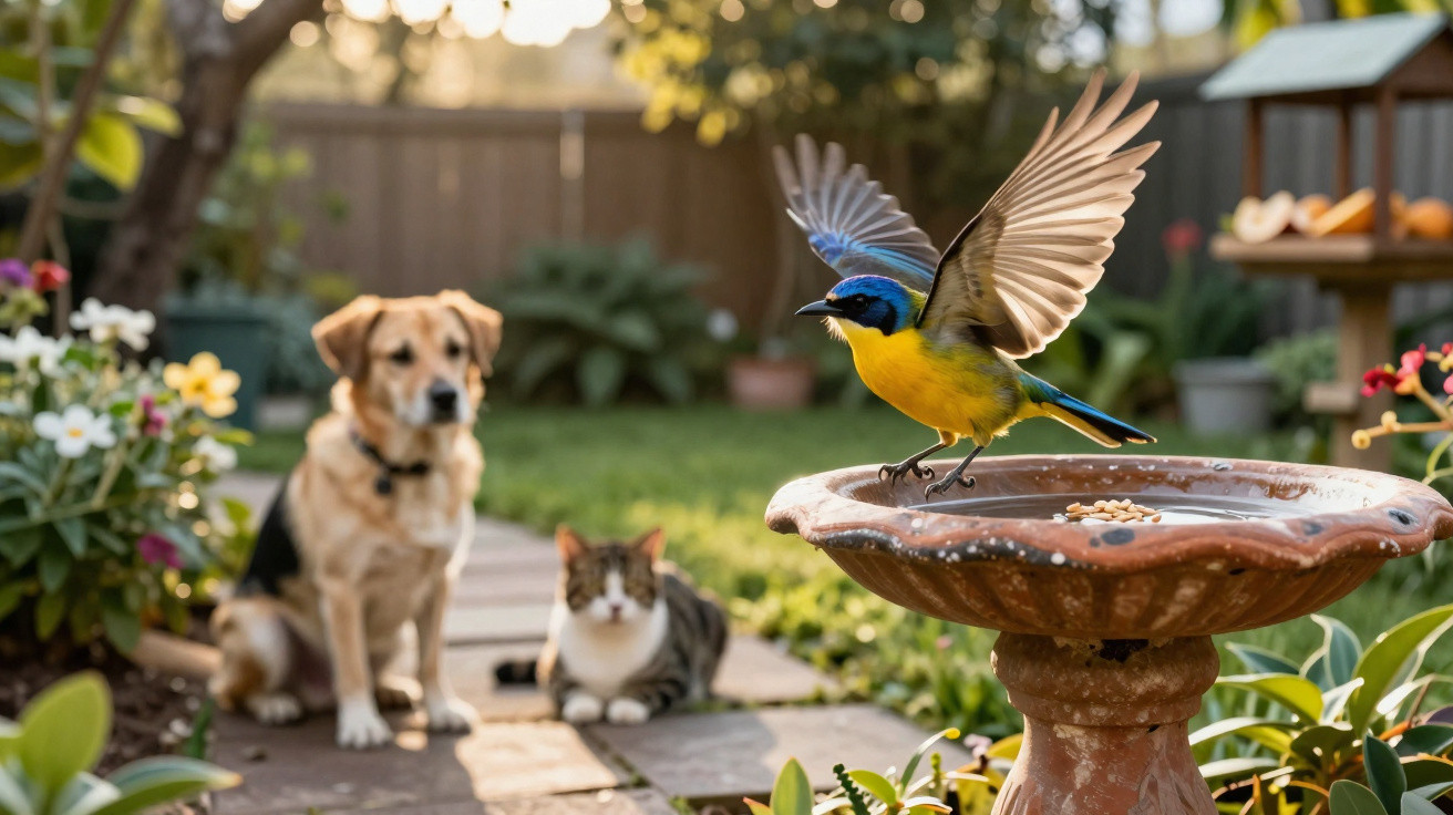Pássaro colorido abrindo as asas em bebedouro de jardim com gato e cachorro ao fundo desfocados.
