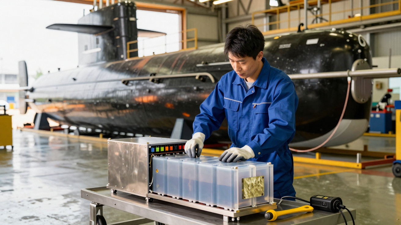 Engenheiro em macacão azul trabalha em equipamento tecnológico dentro de hangar com submarino ao fundo.