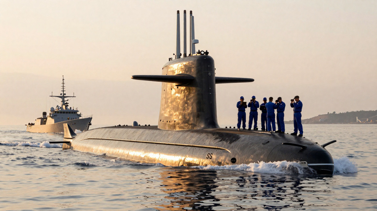Submarino à superfície com tripulação e navio de apoio ao fundo em mar calmo ao pôr do sol.