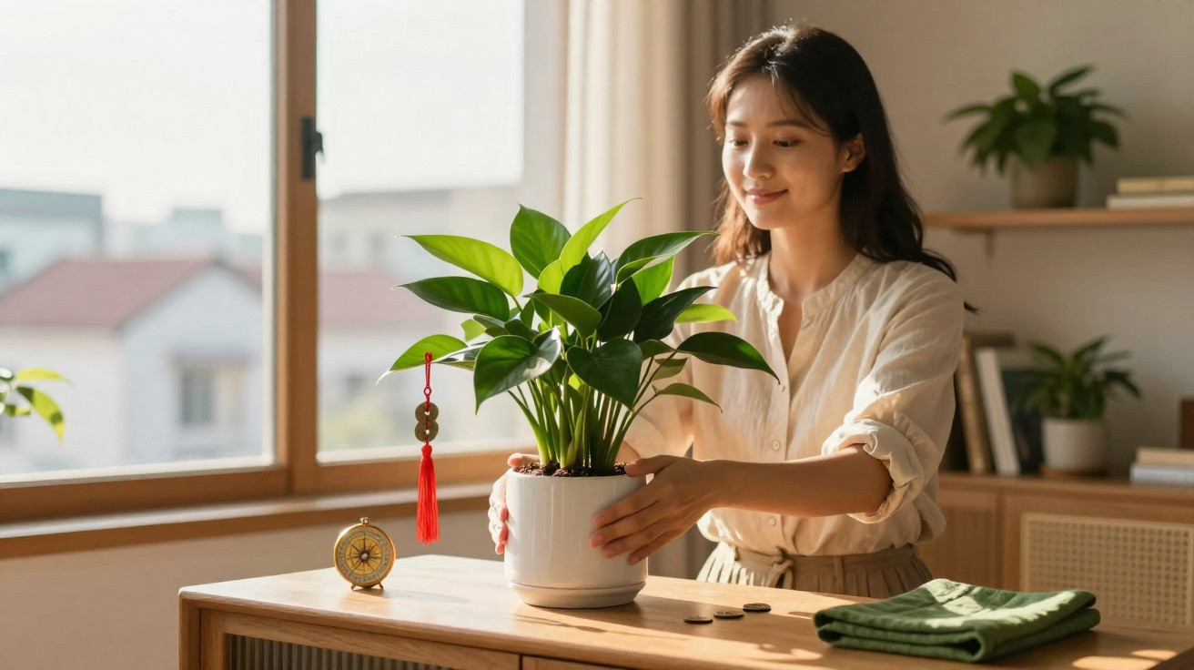 Mulher asiática sorrindo enquanto cuida de planta em vaso branco sobre mesa de madeira iluminada.