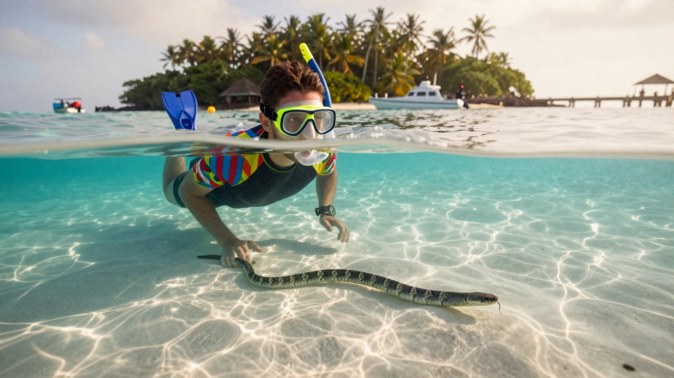 Pessoa mergulhando com snorkel em águas transparentes, observando uma cobra marinha no fundo do mar.