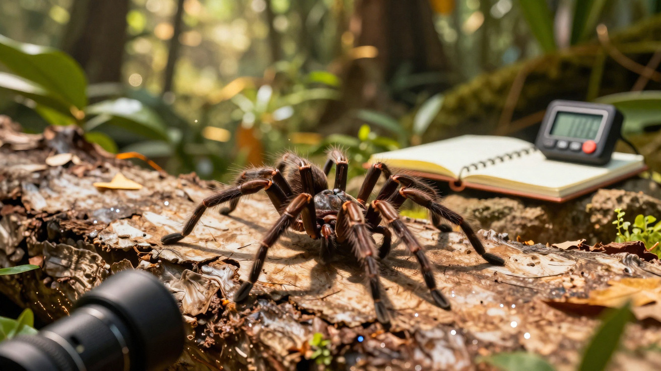 Aranha grande sobre tronco em floresta com câmera, caderno e cronômetro ao fundo.