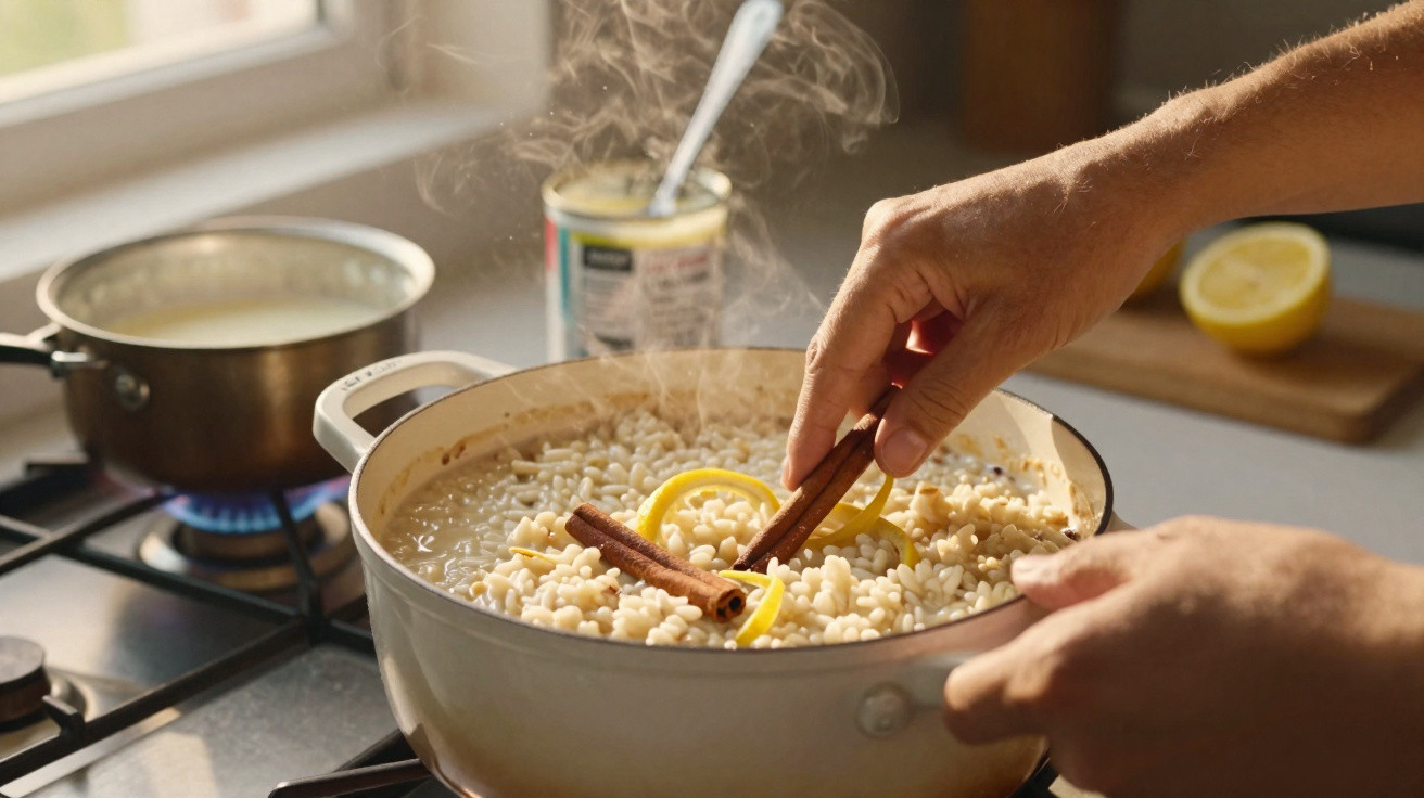 Mãos adicionam paus de canela em panela com arroz doce e raspas de limão no fogão.
