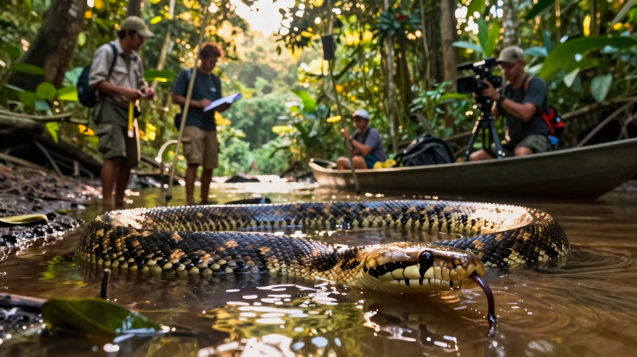 Jararaca-dormideira na água de rio na floresta, com pesquisadores e cinegrafista ao fundo em barco e margem.