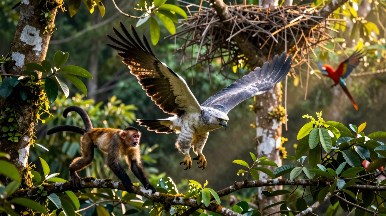 Macaco e gavião em árvore na floresta com arara ao fundo ao pôr do sol.