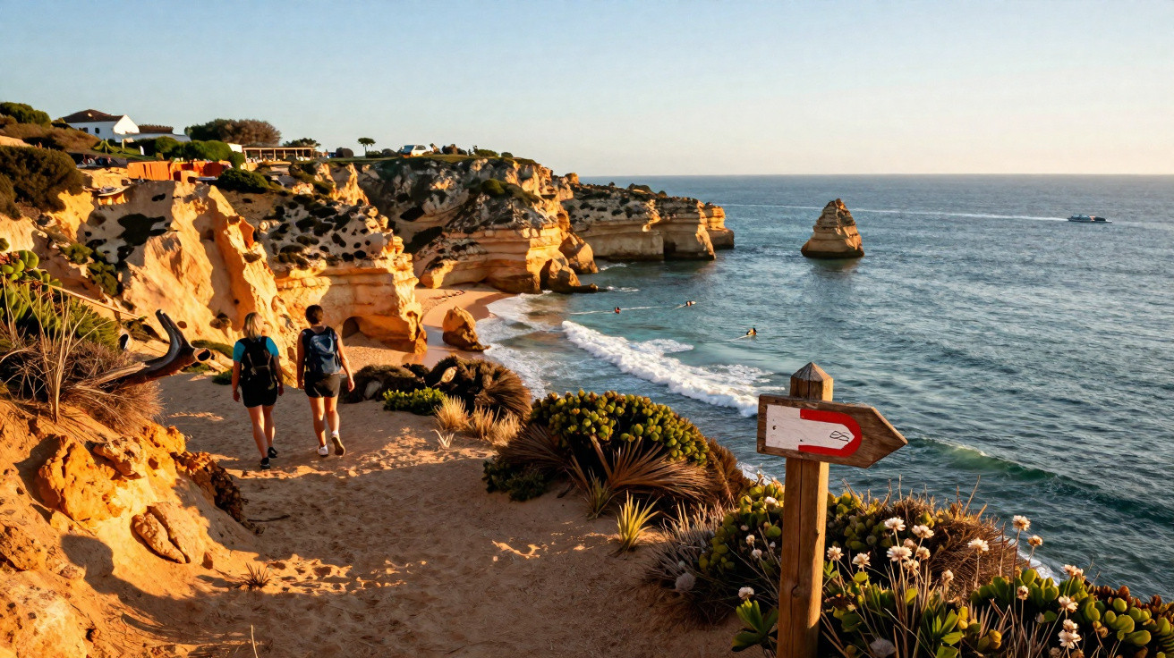 Trilha costeira com duas pessoas caminhando, falésias douradas e mar ao entardecer.
