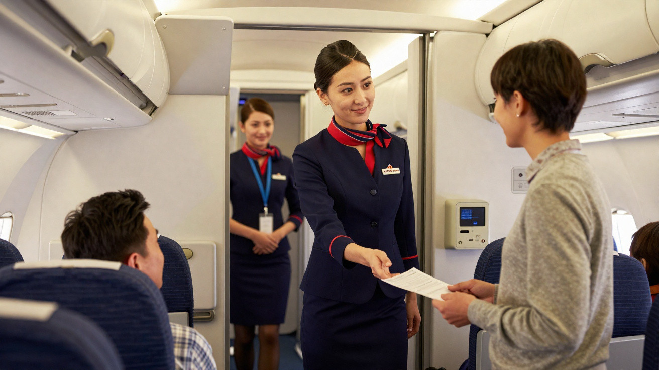 Comissária entregando documento a passageiro dentro de avião com outra comissária ao fundo.