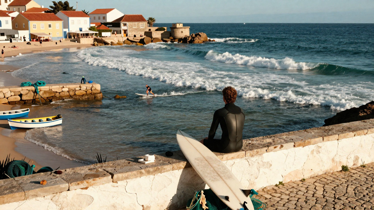 Homem de wetsuit sentado em muro à beira-mar, pranchas de surf e pessoas surfando nas ondas perto da praia.