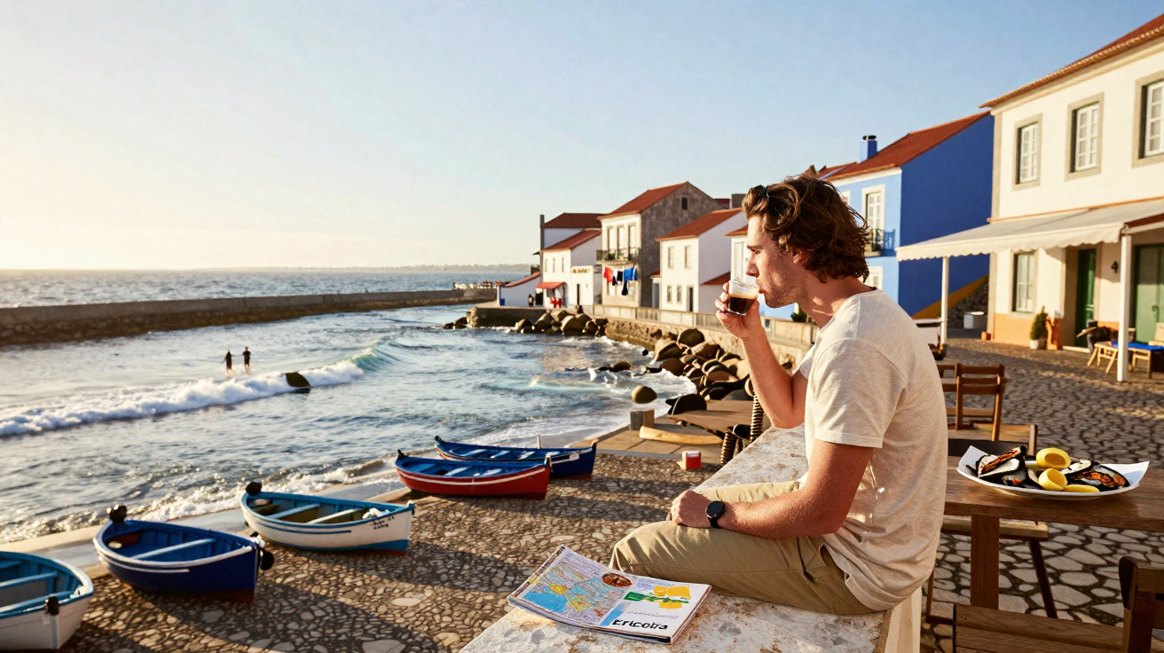 Homem sentado à beira-mar, tomando café, com barcos coloridos e casas ao fundo em dia ensolarado.