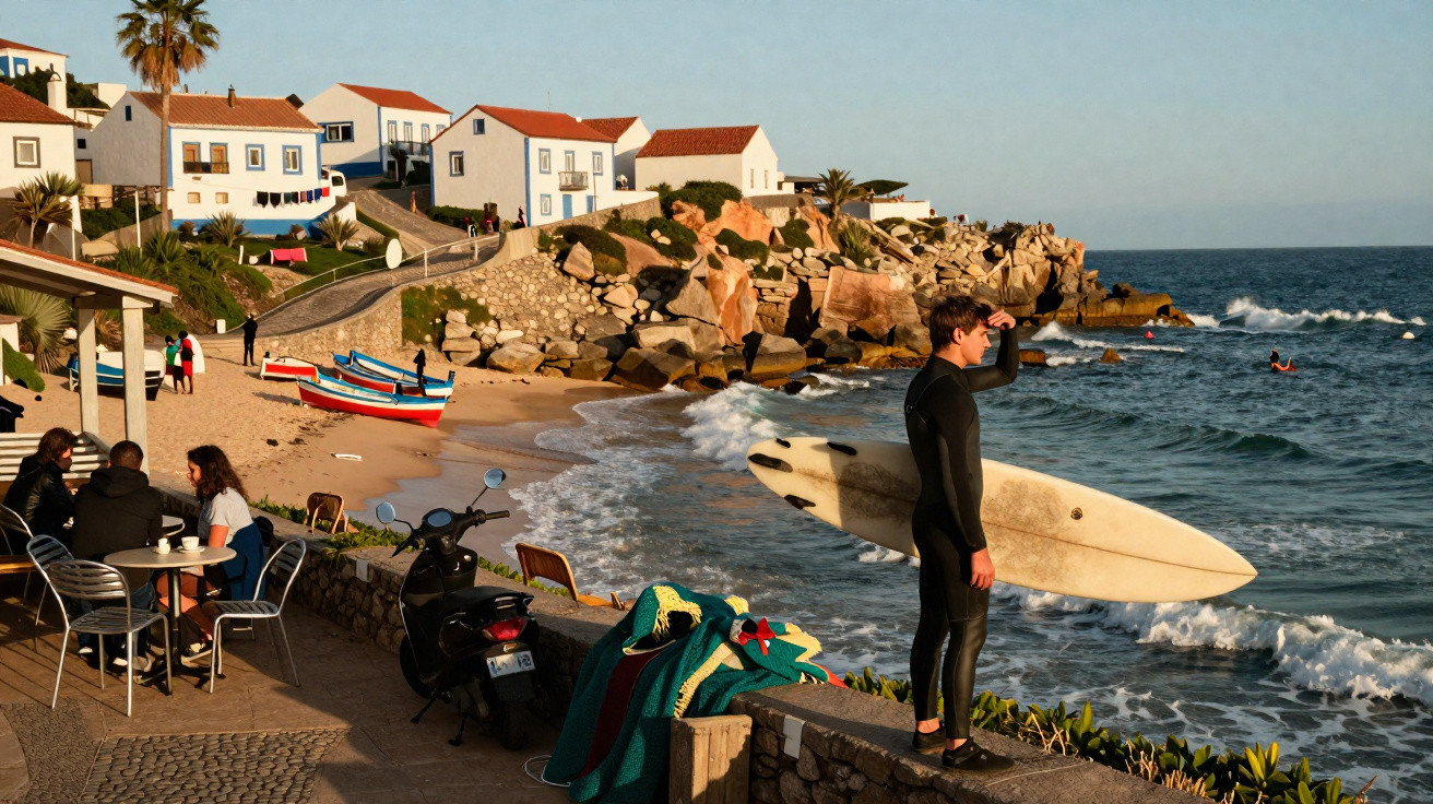Surfista com prancha observa o mar em vila costeira com casas brancas e pessoas em café à beira-mar.