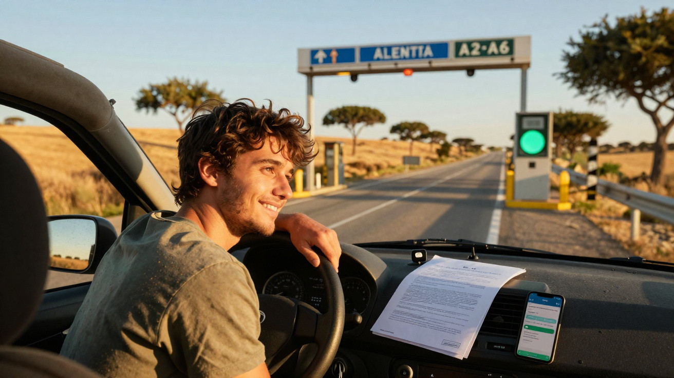 Homem sorridente dirigindo carro em estrada aberta com placa de direção e luz verde no semáforo à frente.