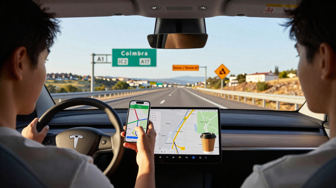 Pessoa dirigindo carro Tesla com aplicativo de navegação no celular e GPS na tela do painel em estrada.