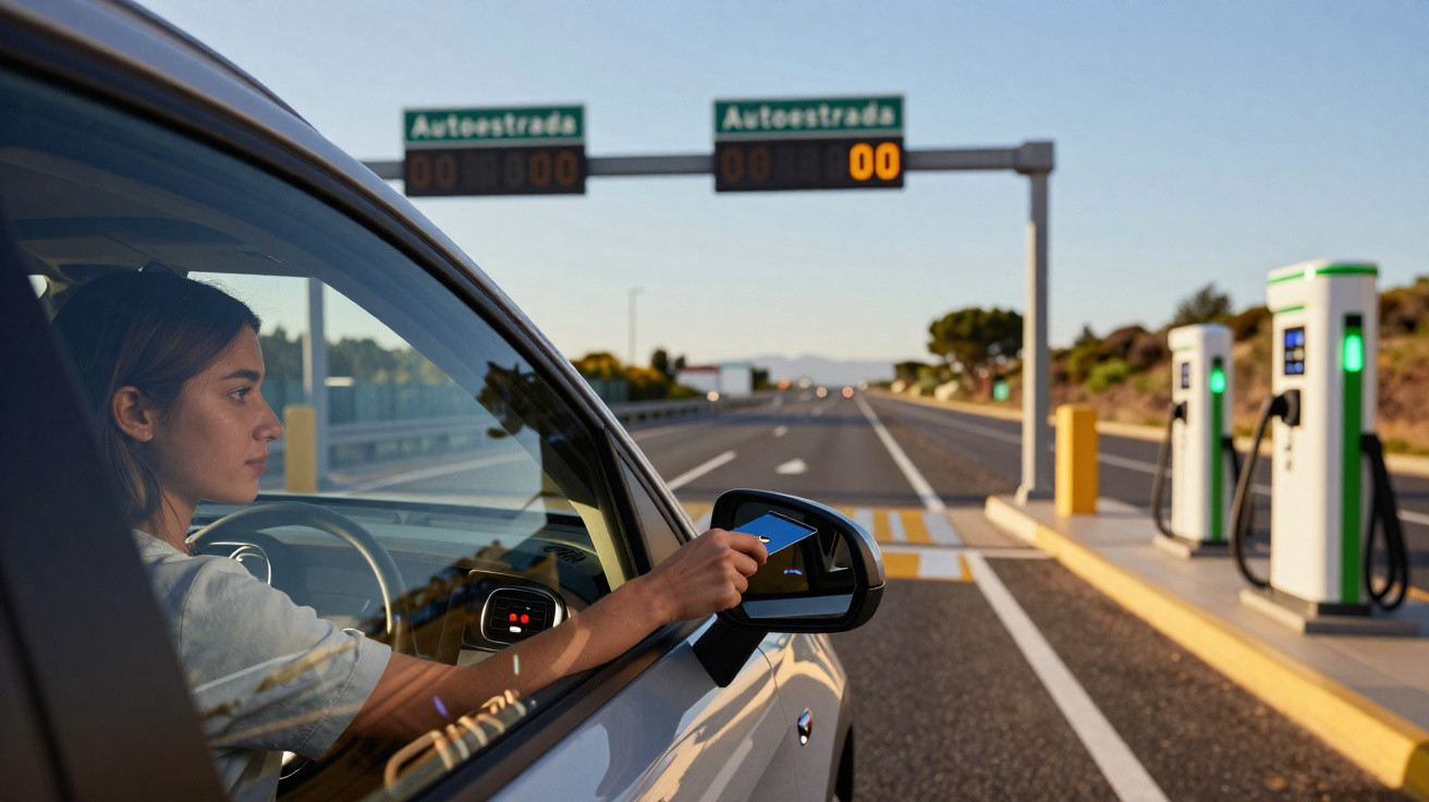 Mulher no carro entregando cartão para pagar pedágio em autoestrada em dia ensolarado.