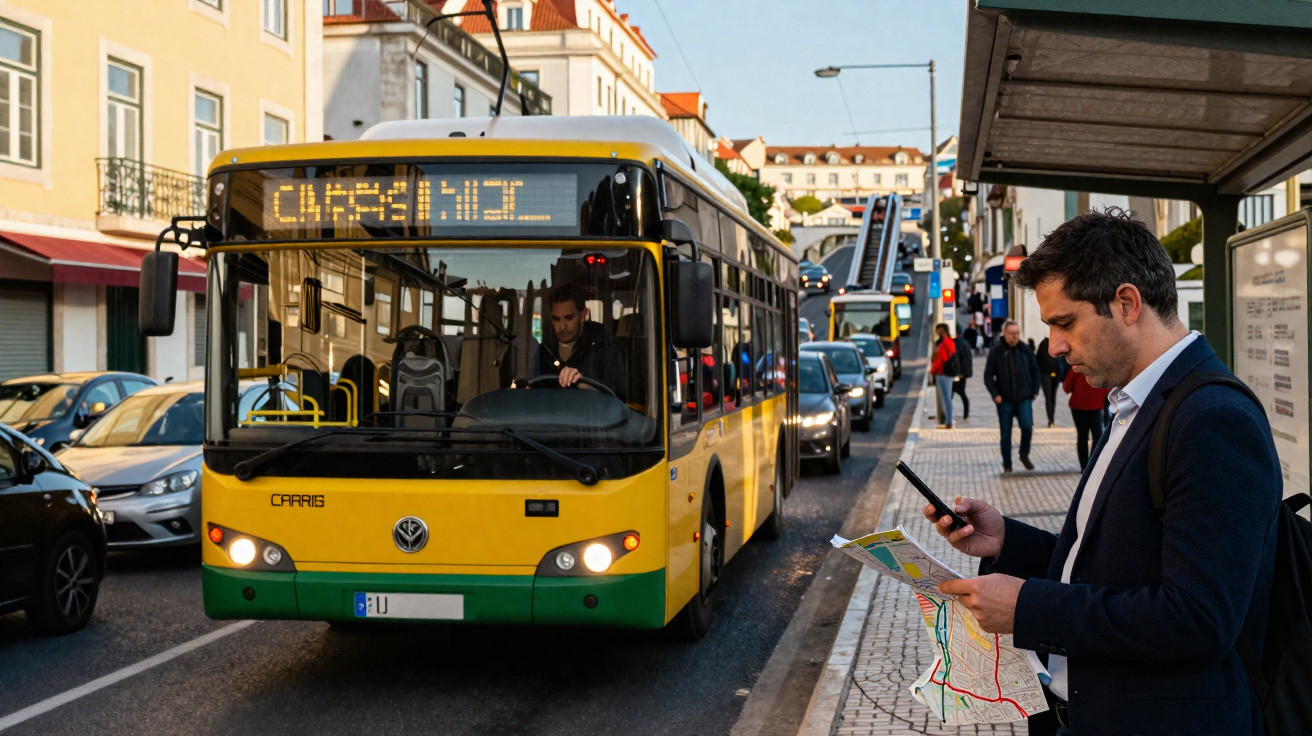 Homem consulta mapa e celular enquanto espera ônibus amarelo e verde em ponto na cidade.