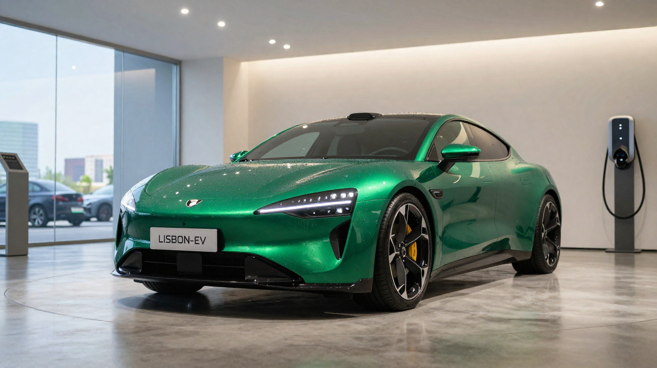Carro esportivo elétrico verde metálico estacionado em showroom moderno com estação de recarga ao fundo.