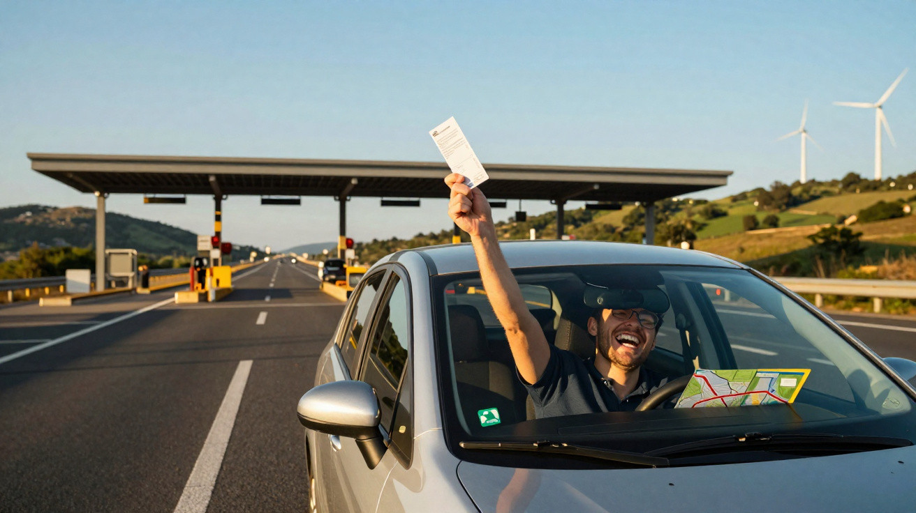 Homem feliz em carro segurando documento e mapa próximo a praça de pedágio em estrada com turbinas eólicas.