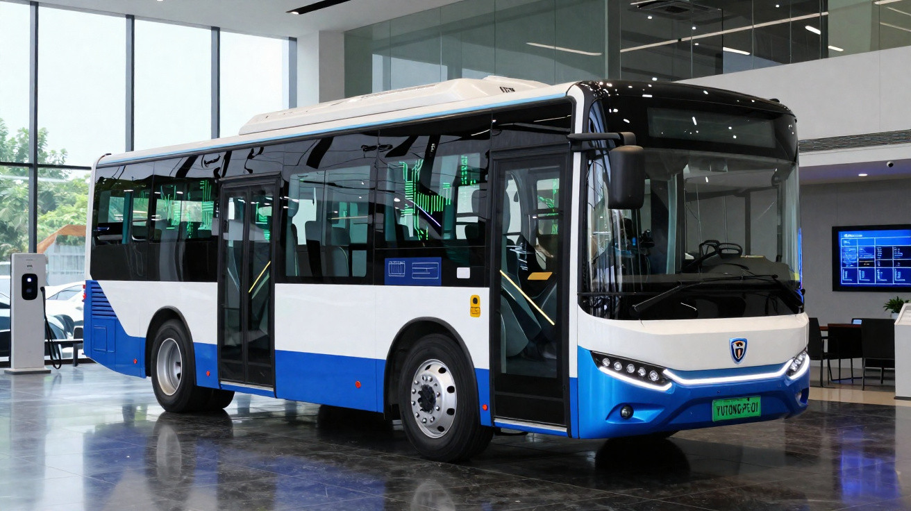 Ônibus elétrico branco e azul estacionado em ambiente interno moderno, com portas abertas.