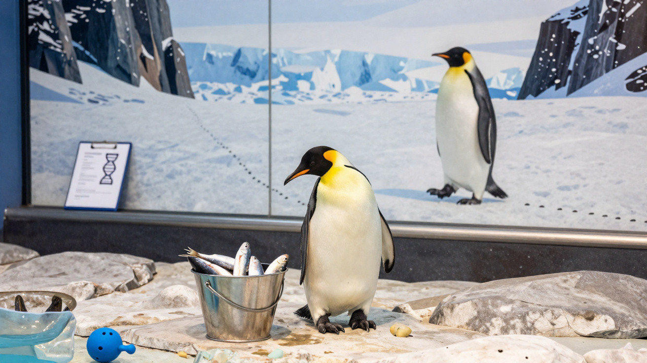 Pinguim imperador próximo a balde com peixes em ambiente gelado com pintura de pinguim no fundo.