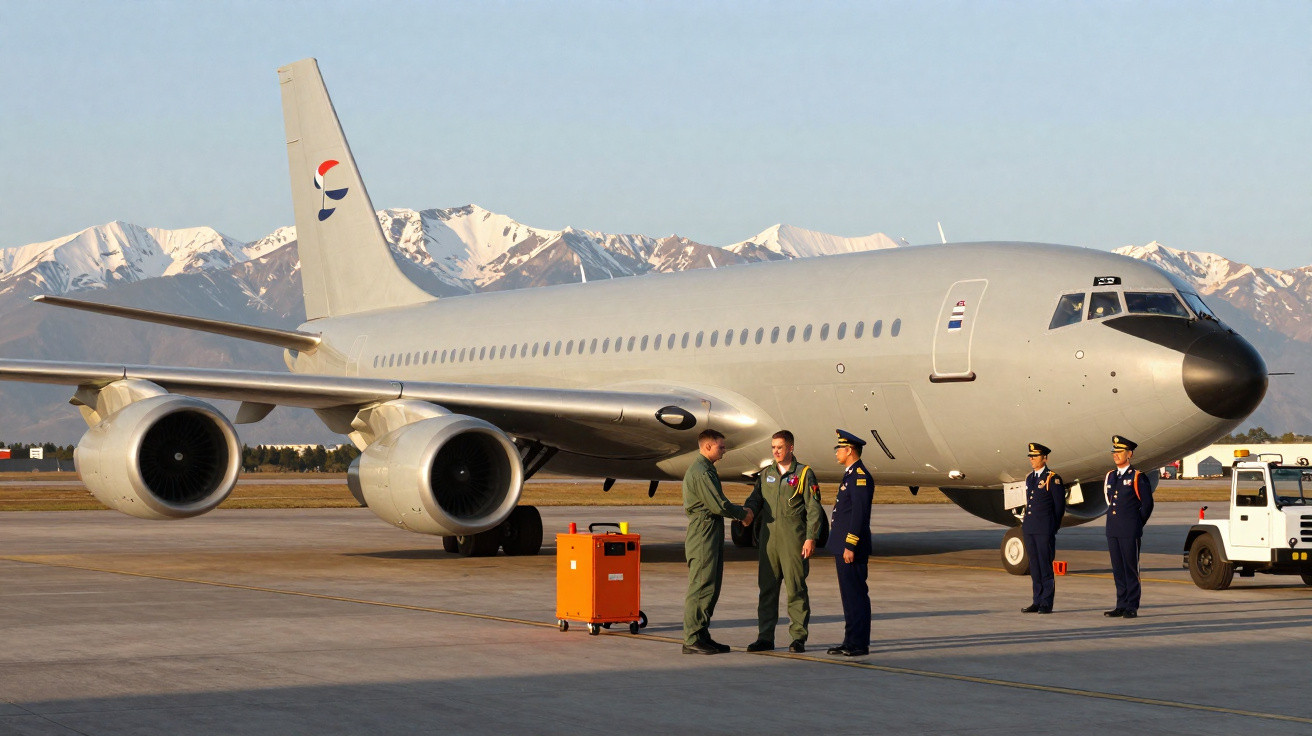 Avião militar cinza estacionado em pista com tripulação uniformizada em frente e montanhas ao fundo.