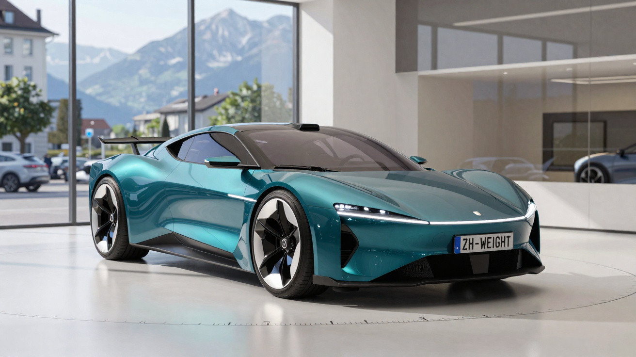 Carro esportivo elétrico azul metálico com design aerodinâmico exposto em showroom moderno.