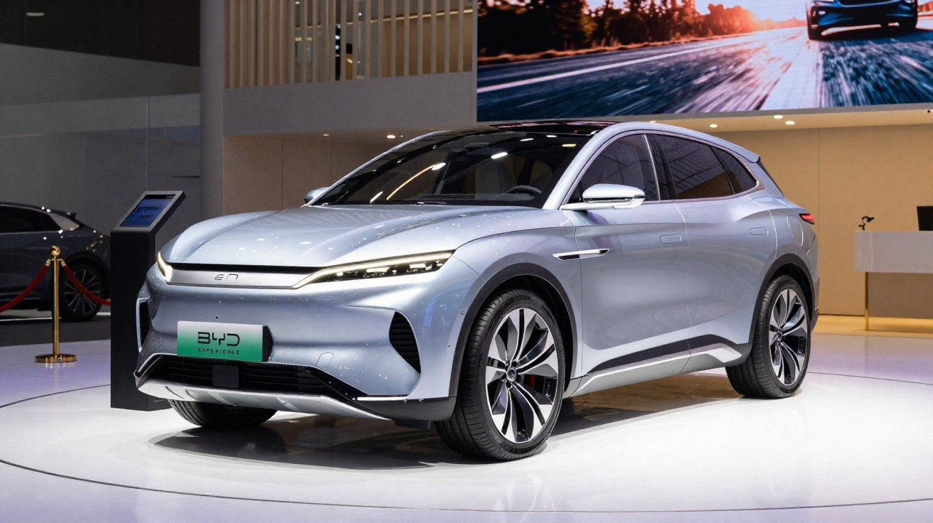 Carro elétrico BYD Tang em exposição com design moderno e acabamento prateado brilhante.