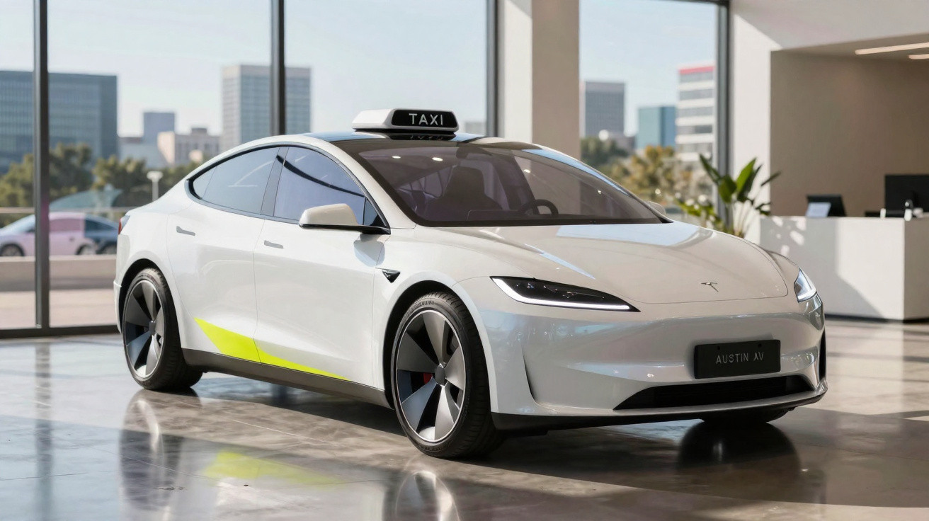 Carro branco elétrico Tesla Model S adaptado como táxi em ambiente interno moderno.