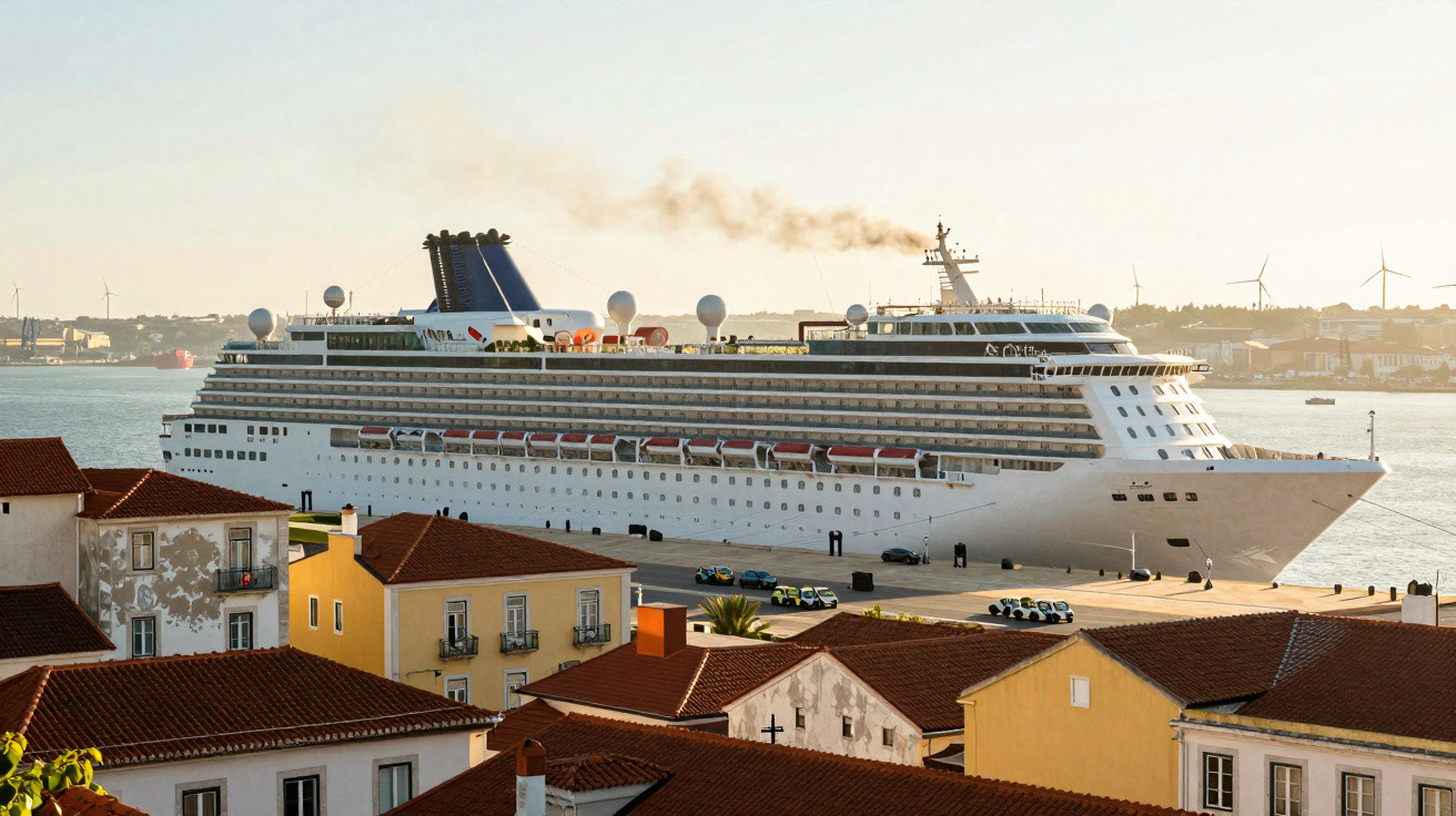 Navio de cruzeiro branco ancorado próximo a casas com telhados vermelhos ao entardecer.