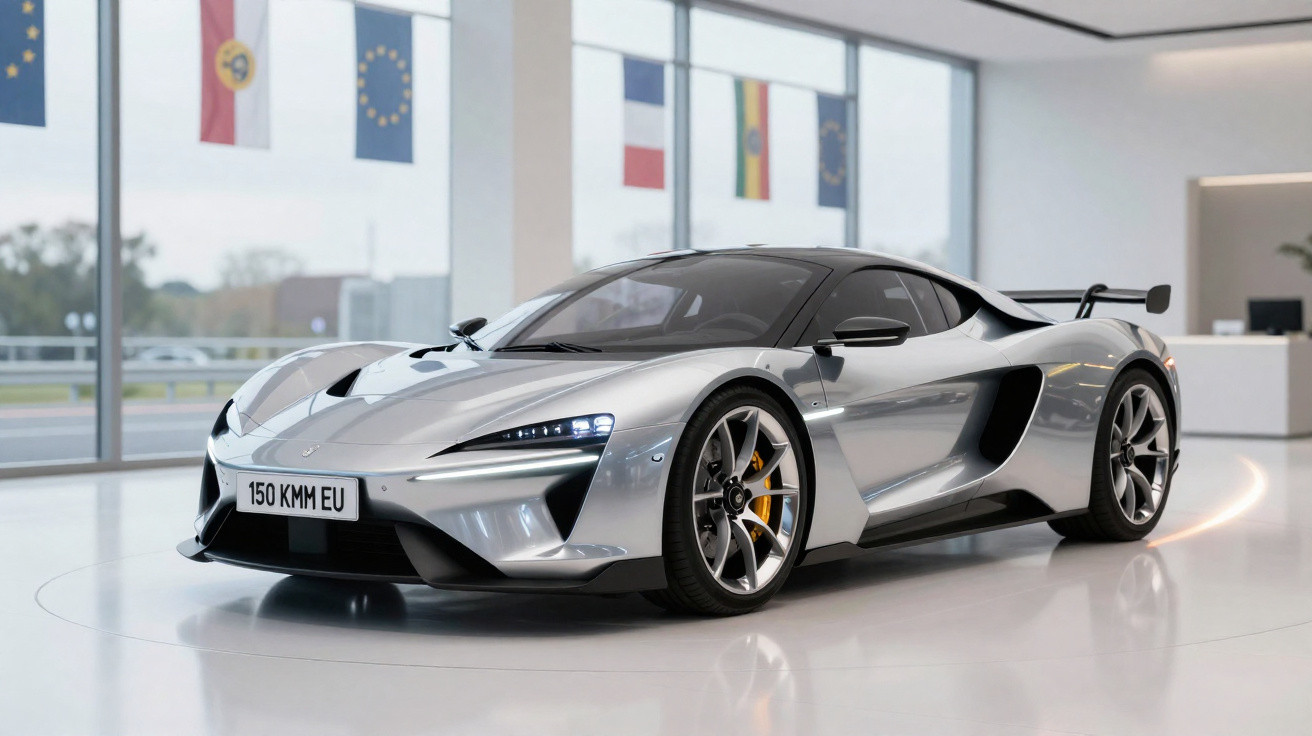 Carro esportivo prata com design aerodinâmico exibido em showroom com janelas e bandeiras ao fundo.