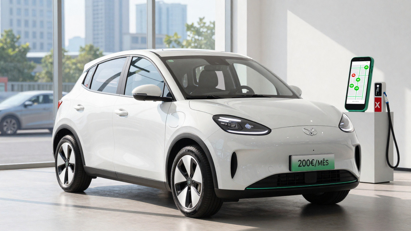 Carro elétrico branco estacionado em estação de recarga com painel digital ao fundo.