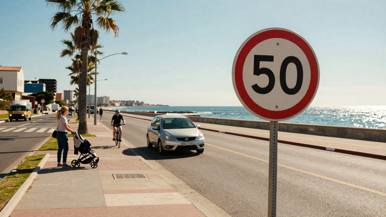 Placa de limite de velocidade 50 em avenida à beira-mar com calçadão, ciclista e pedestre com carrinho.