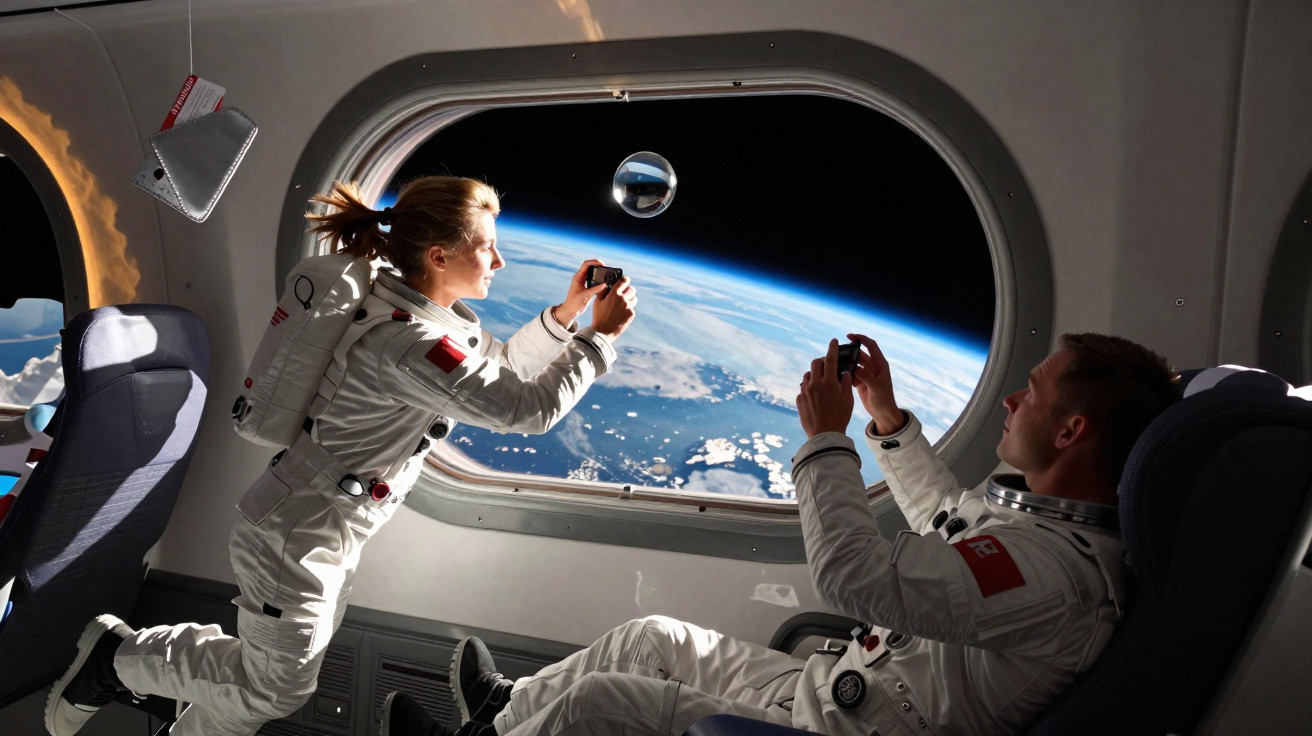 Astronautas tirando fotos da Terra pela janela de uma nave espacial em órbita.
