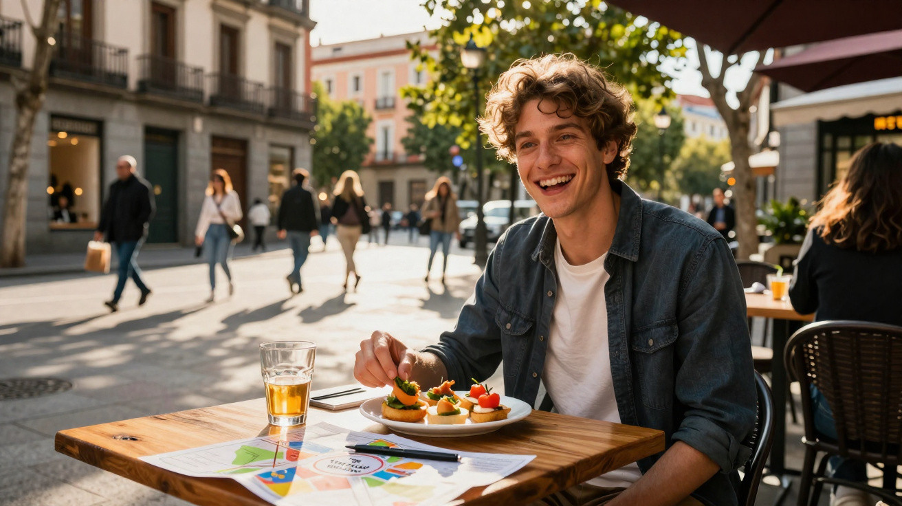 Homem sorridente sentado em café ao ar livre com petiscos e bebida em mesa de madeira.