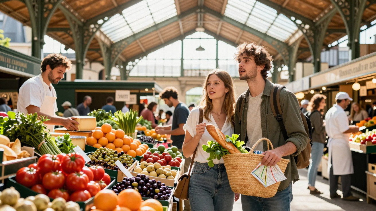 Casal jovem com cesta de compras em mercado interno rodeado por frutas frescas e vendedores.