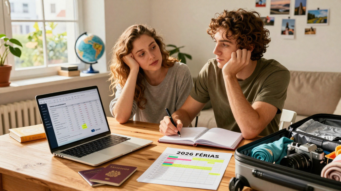 Casal planejando férias em casa, com laptop, passaportes, calendário e mala aberta na mesa.
