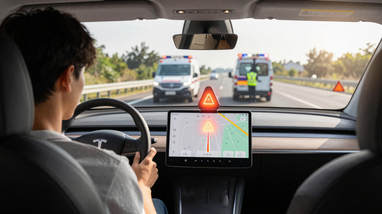 Motorista dentro de carro Tesla com alerta de perigo na tela diante de uma van de emergência na estrada.