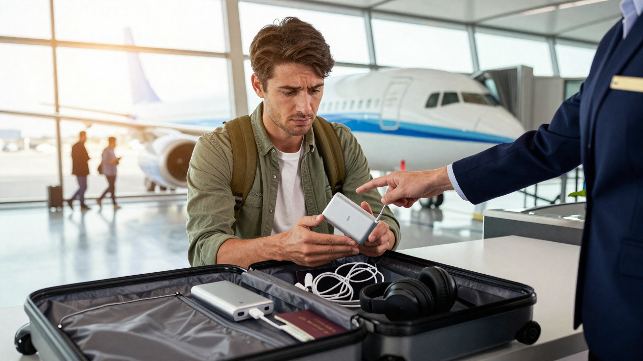 Homem na fila de embarque tentando usar power bank enquanto funcionário aponta para proibição no aeroporto.