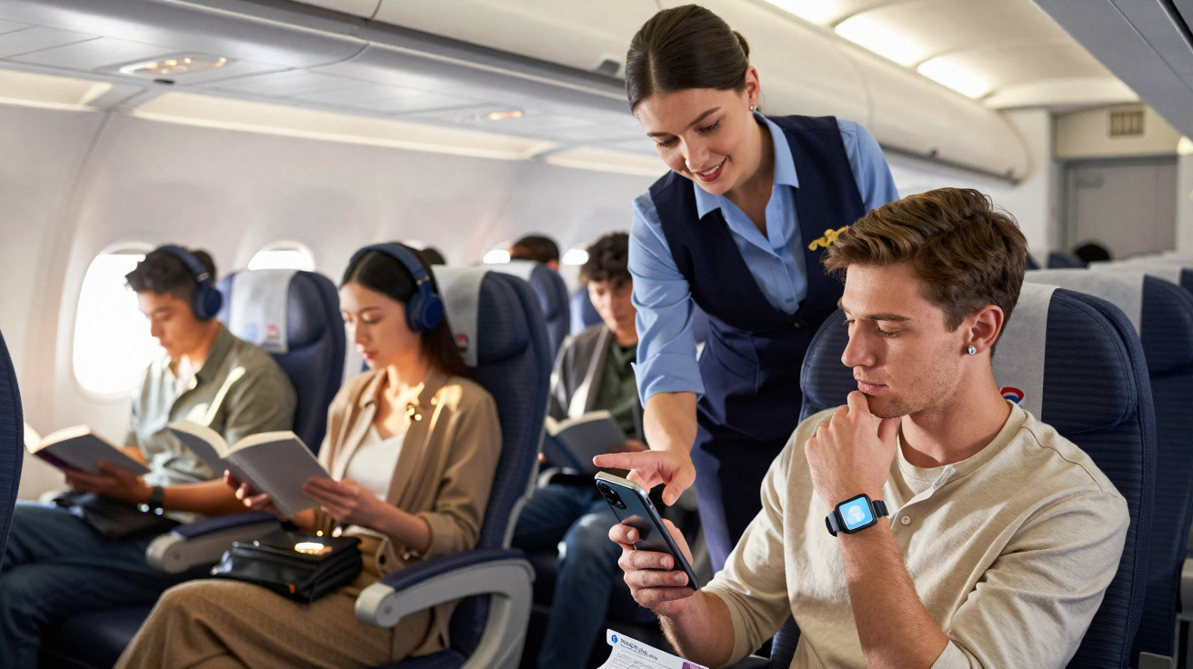 Comissária de bordo ajuda passageiro com telefone celular durante voo em avião comercial.